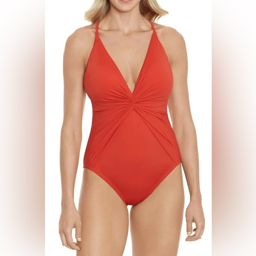 Time and Tru coral orange twist front plunge cross back one piece swim